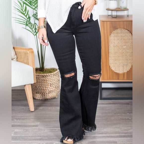 Boutique 9 Denim - Boutique Women's Black High Rise Flare Distressed Raw Hem Denim Jeans Size Small